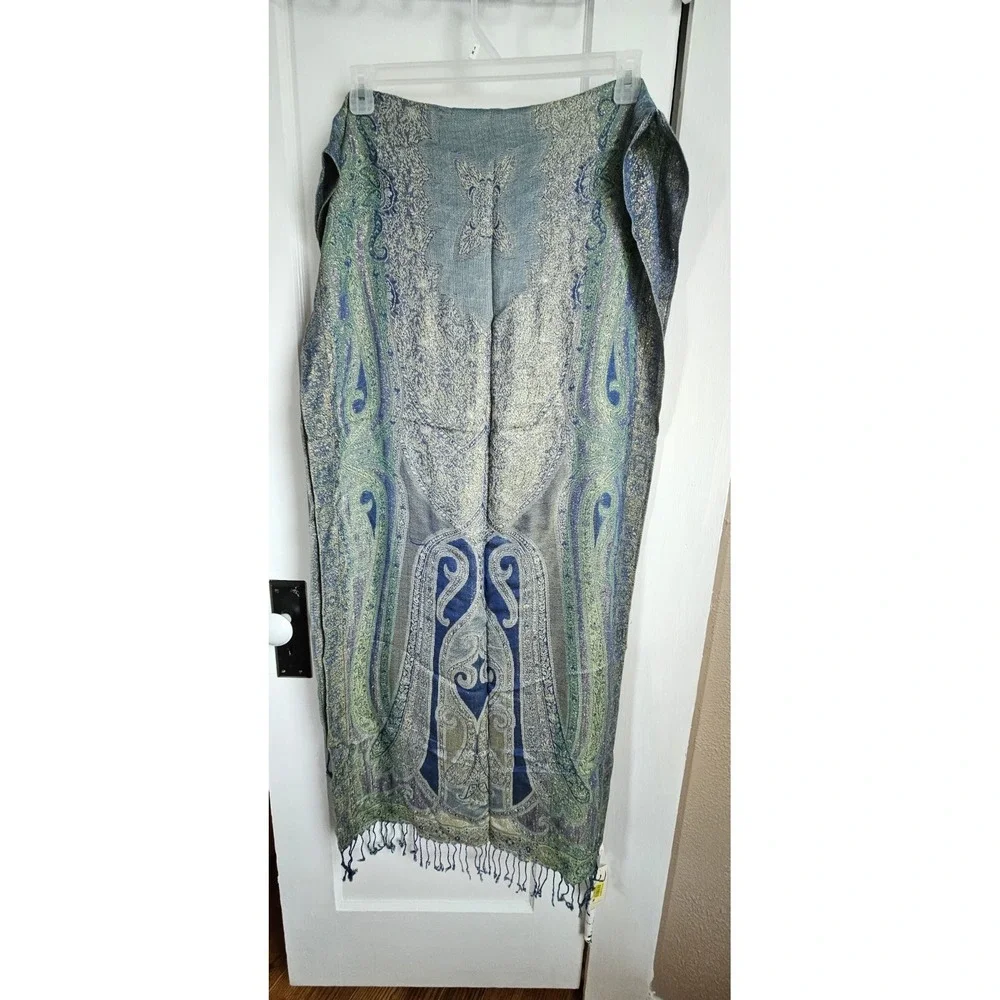 NWT CollectionEighteen Blues & Green with Gold Metallic fringe Wrap Style Scarf